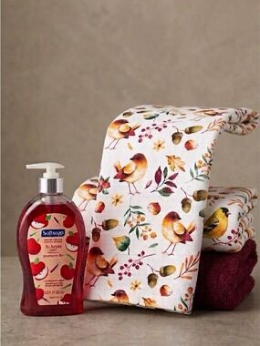 Fall Guest Bath or Kitchen Bundle - Autumn Bird Towels & Apple Hand Soap